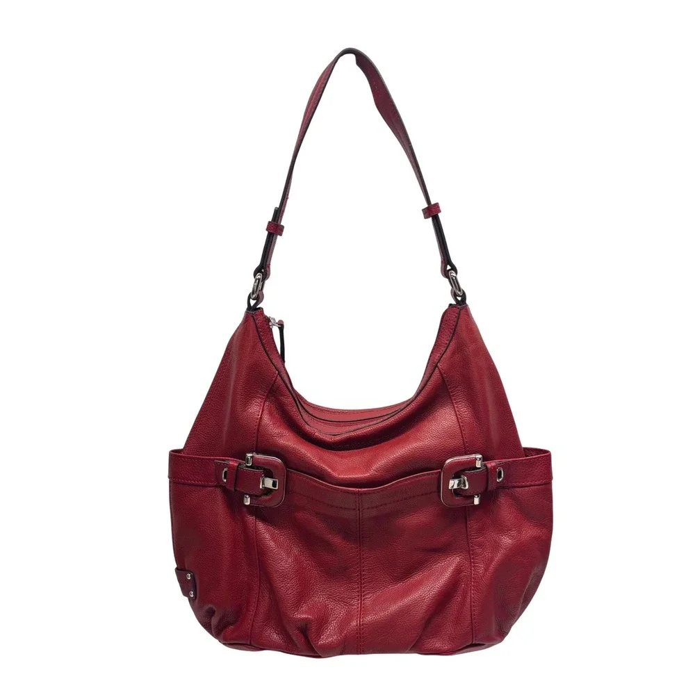Tignanello Hobo Shoulder Bag Pebbled Leather Red Silver Hardware Buckle Y2K